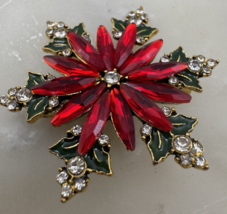 Christmas Poinsettia Brooch Red Marquise Rhinestones Holly Leaves Gold T... - $24.74