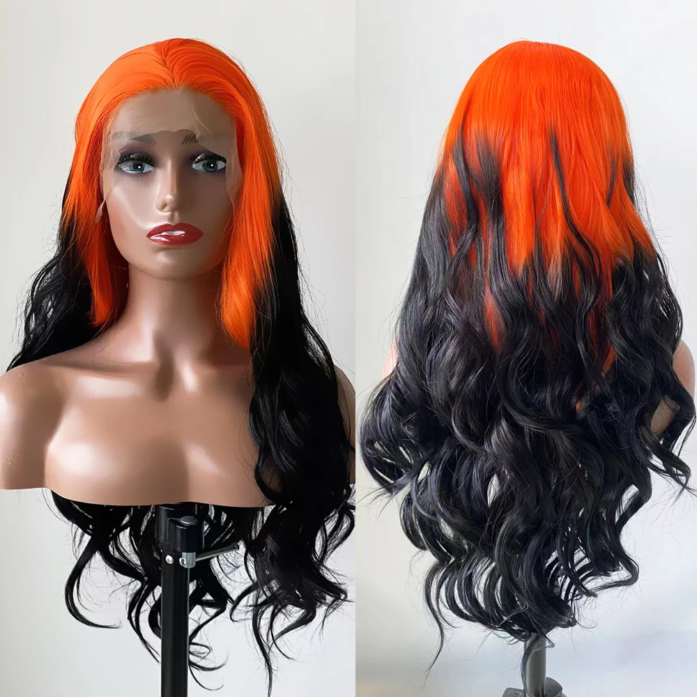 RONGDUOYI Body Wave Ombre Synthetic Wigs Orange Black Lace Front Wig He - £45.63 GBP+
