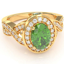 Three Stone Peridot Diamond Peekaboo Halo Engagement Ring In 14k Yellow Gold - £629.34 GBP