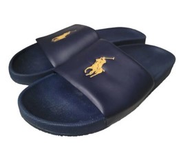 Polo Ralph Lauren Size 14 Embroidered Gold Signature Pony Slides Sandals Blue - $32.00