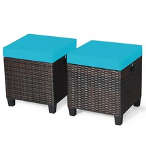 2PCS Patio Rattan Ottoman Cushioned Seat Foot Rest Coffee Table Turquoise - £124.69 GBP