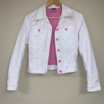 Vintage Y2K 80s 90sNIKE White Jean Jacket Bedazzled Women’s XS 0-2 Pink Neon - £129.07 GBP