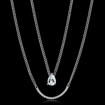 925 Sterling Silver Tear Drop Curved Bar CZ Double Layered Necklace Gifts 16&quot; - £87.34 GBP