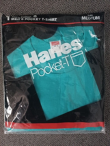 VTG 1986 HANES Original Package Crew Neck Pocket T Shirt Size M Teal NOS - £13.19 GBP