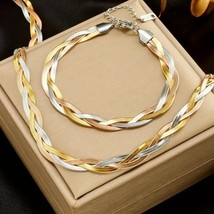 Stainless Steel Necklace Herringbone braided Tri-Colour Flat snake Chain... - $44.10
