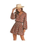 Rock n Roll Sz L Ditsy Floral Print Flowy Mini Dress Rust Copper Smocked... - $499.56 MXN