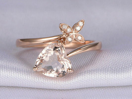 1ct Heart Cut Peach Morganite 14k Rose Gold Over Floral Bypass Anniversary Ring - £73.96 GBP