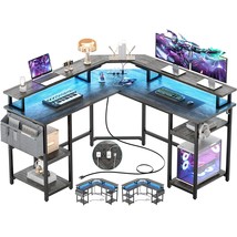 L Shaped Gaming Desk With Power Outlets & Led Lights, L- Shaped Desk Computer Co - £225.41 GBP