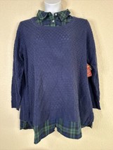 NWT Faded Glory Womens Plus Size 2X Blue Knit Sweater Top Long Sleeve Plaid Ttim - £14.95 GBP