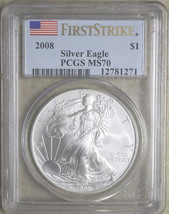 2008- American Silver Eagle- PCGS- MS70- First Strike- Flag Label - £158.19 GBP