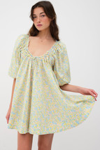 Green Floral Half Sleeve Frilled U Neck A-line Short Dress - $16.92