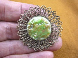 (Z18-7) lime green gold textured design Czech glass button filigree pin brooch - £15.43 GBP