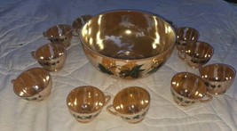 Vintage Anchor Hocking Fire-King Glass Peach Lustre Leaf Punch Bowl And Cups Lot - $112.19