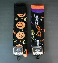 NWT 2 Pairs Black Socks Shoe Sz 5-9 Womens Knee Highs Halloween Skeletons Pumpki - £7.26 GBP
