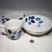 Set of 3 MSE Martha Stewart Blue Leaf Stamp Mug, Cereal Bowl, Plate Discontinued - £17.54 GBP