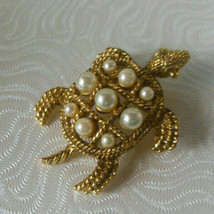 Vintage Gold Tone Faux Pearl Filigree Turtle Brooch - £7.39 GBP