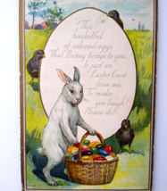 Easter Postcard Fantasy Bunny Rabbit Holds Basket Painted Eggs Black Birds E-179 - £10.32 GBP