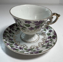 Tea cup and Saucer  Enesco  #2684 Bone China Pedestal Cup Violets Gold Trim - $20.57