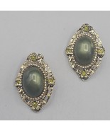 Vintage Clip On Earrings Gold Tone Frame Green Caboch Crystal Rhinestone... - $19.99