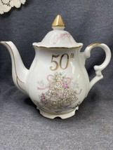 Vintage Lefton China 50th Anniversary Tea Pot Excellent 7 1/2” Tall Label Intact - £11.89 GBP