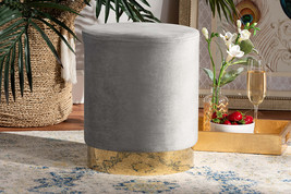 Raya Gray Velvet Fabric Upholstered and Gold Finished Metal Ottoman - $605.87 MXN