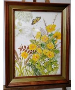 Gloria Eriksen Watercolor Print Yellow Flowers Butterflies Wood Framed 1... - €60,75 EUR