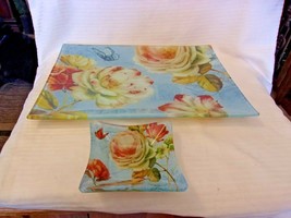 Rectangular Glass Platter and Dip Bowl Floral Pattern by Lisa Audit - $95.00