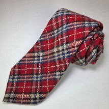 Vintage Kings Lynn Wool Plaid Tie Red Navy Cream Tartan 4” Wide 70s Prep... - $27.99