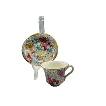 Vintage Flat Demitasse Cup &amp; Saucer Sussex Cherry Chintz by Erphila Germany #2 - £29.59 GBP