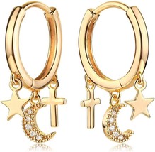 Women Gold Huggie Earrings Hoop Moon and Star Cross Diamond Zirconia Dangle Drop - £24.42 GBP