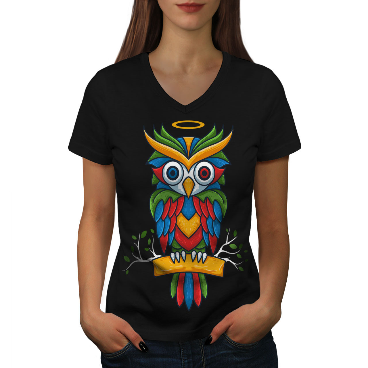 Primary image for Bright Colorful Owl Shirt Nature Bird Women V-Neck T-shirt