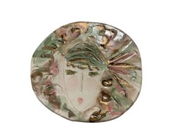 Brooch Pin Signed Figural Multicolor Hand-Painted &amp; Etched Oval Lady - $24.99