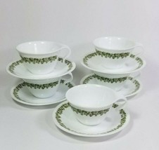 10 Pc Corelle 5 Cups and 5 Saucers Green Vintage Spring Blossom Hook Handle Set - £19.67 GBP