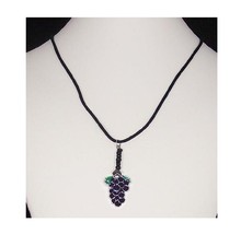 Necklace Purple Painted Grape 1 &quot; Charm Green Leaves Black Beads Velvet ... - £11.78 GBP