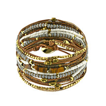 Elaborate Brown Tiger&#39;s Eye and Brass Beaded Wrap Leather Bracelet - £20.59 GBP