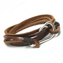 Genuine Leather Bracelet W Metal Fish Hook Fastener Brown Rope New Mens Womens - £7.12 GBP