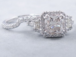 Cushion Cut 3.00Ct Simulated Diamond Wedding Ring Set 14K White Gold in Size 9 - £229.27 GBP