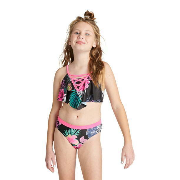 Primary image for Justice Girls 2 Piece Flounce Laced Top Bikini Swimsuit, Black Size L (12/14)
