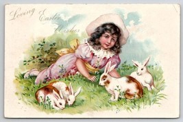 Easter Girl Playing With Bunny Rabbits In Grass Tuck Udb Postcard O25 - £7.04 GBP