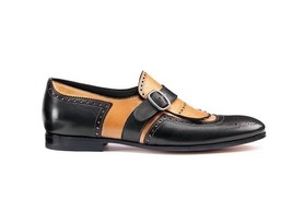 Two Tone Black Tan Oxford Men Real Leather Fashion Rounded Toe Monk Buck... - £126.01 GBP