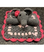 Crocheted Elephant Security Blanket 11” x 11” Pink &amp; Gray Baby Lovey Fun... - $14.01