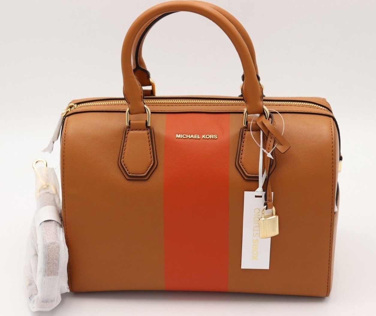 Primary image for Michael Kors Mercer Brown Leather Orange Center Stripe Satchel Shoulder Bag $328