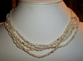 Lovely 5 Strand Freshwater Pearl and Gold Bead Choker Necklace Ornate Clasp - £15.56 GBP