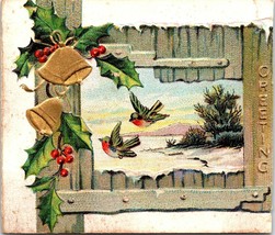 c1910 Christmas Greeting Embossed Gift Tag Robins Winter Scene Holly Berry Bell - £7.81 GBP