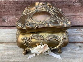 Large Antique Art Nouveau Metal Flower Ornate Jewelry Casket Box w Flower Gold - $49.45