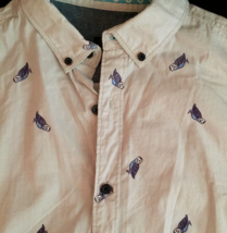 Drill Clothing men L shirt button-up long sleeve, purple &amp; blue owls 100... - £10.88 GBP