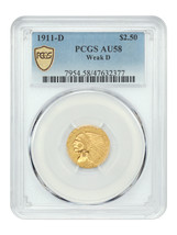1911-D $2.50 PCGS AU58 (Weak D) - $2,699.03