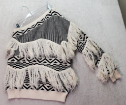 Mazik Sweater Womens Small Black White Fringe Viscose Long Sleeve One Shoulder - £14.86 GBP
