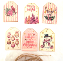 NWOT 2&quot;x3&quot;Set of 6 Pink Retro Vintage Style Wooden Hanging Gift Tags with Twine - £7.59 GBP