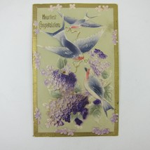 Postcard Congratulations Blue Birds Purple Flowers Gold Trim 3D Embossed Antique - £7.87 GBP